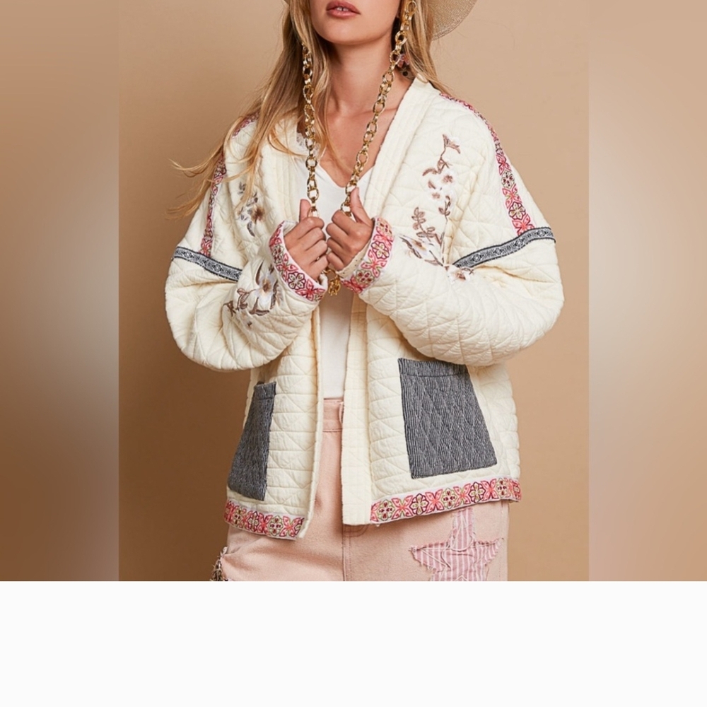 Floral Quilted Jacket - Cream and Gray